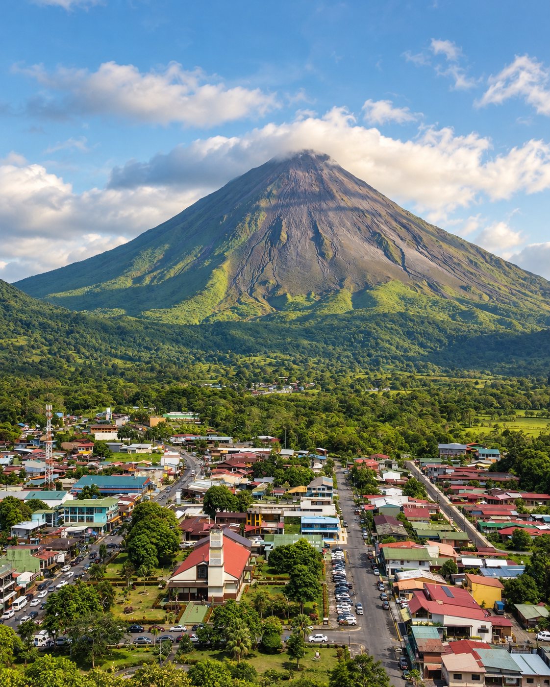 La Fortuna town with Arenal Volcano behind it