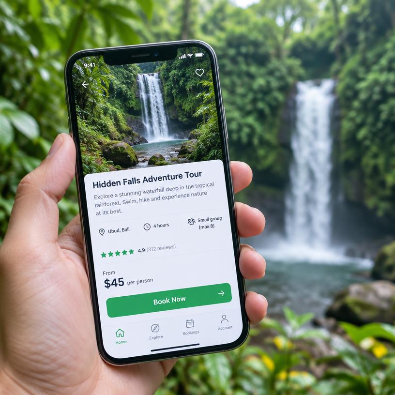 Booking a waterfall tour on a phone