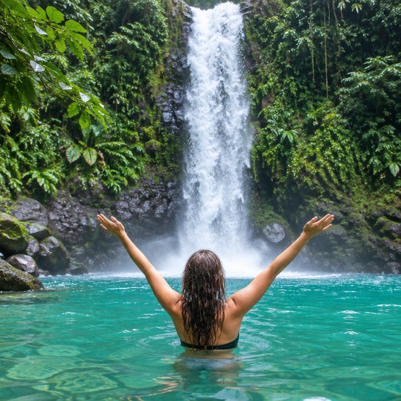 Traveler celebrating in front of a jungle waterfall
