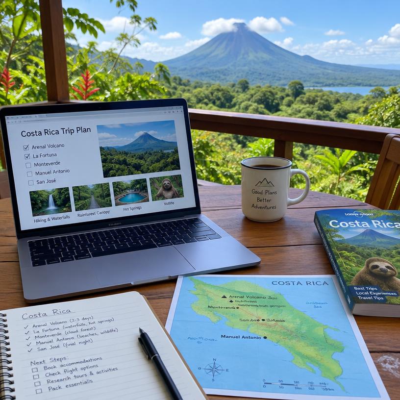 Laptop with a Costa Rica trip plan overlooking Arenal Volcano