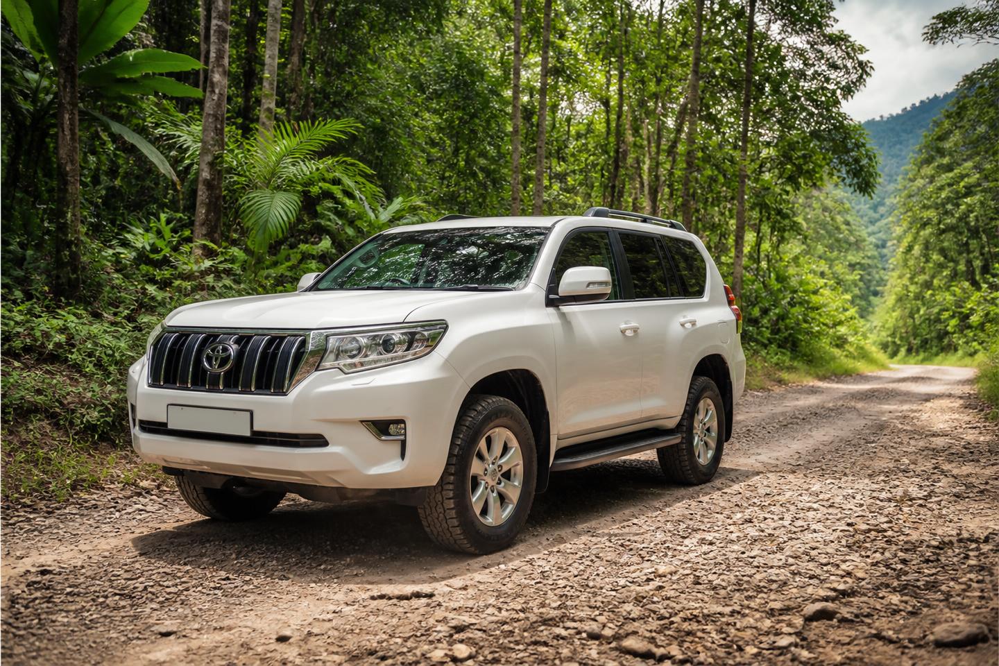Close-up of a white Toyota 4x4 SUV ready for a Costa Rica rental
