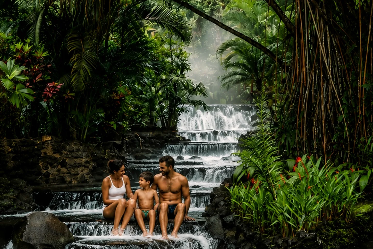 A family sitting in a tiered natural hot river cascade in the rainforest near Arenal