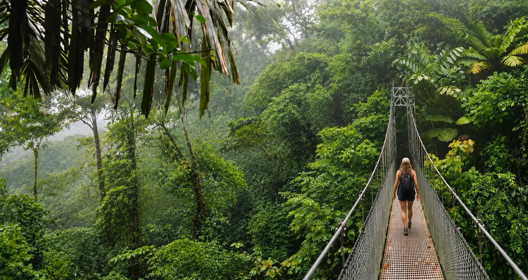 Traveler crossing a hanging bridge through the rainforest toward Arenal Volcano